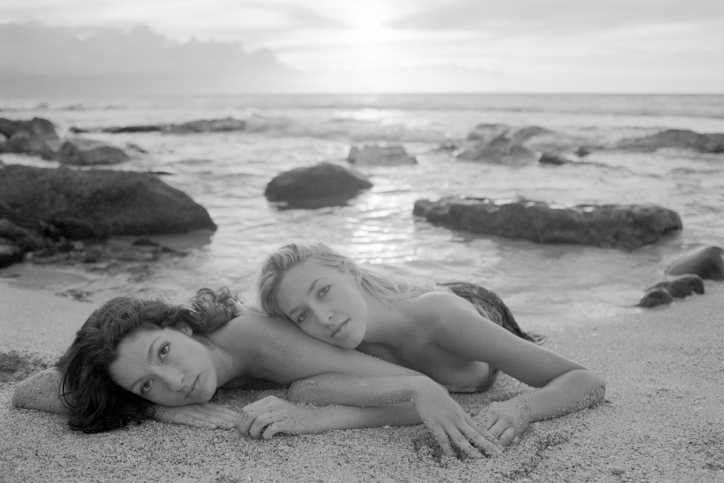 lesbian lovers on the beach black and white